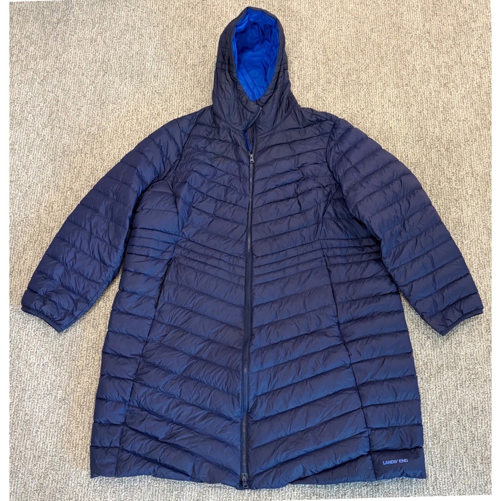 Lands End Puffer Coat Womens 2X Navy Blue Down Hooded Long Parka 518665